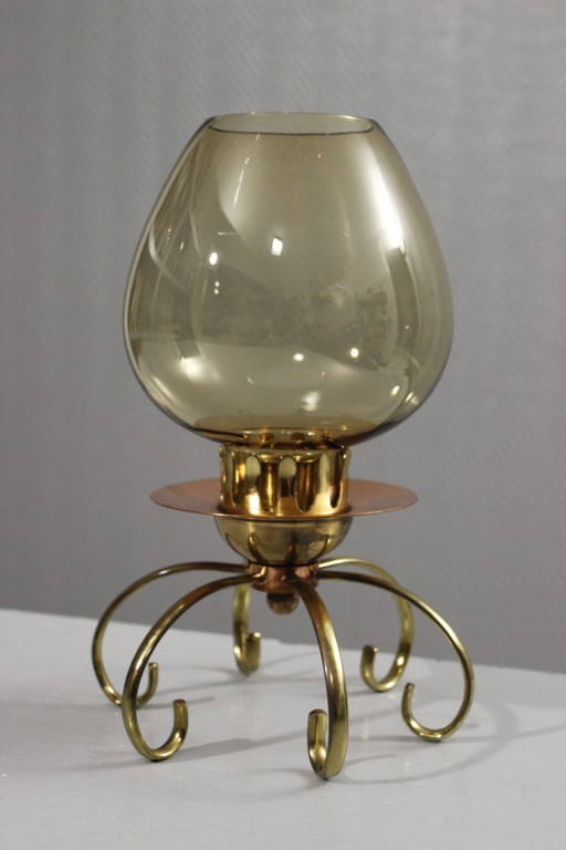 Modernist design candlestick from the 1950s in copper, brass & smoked glass