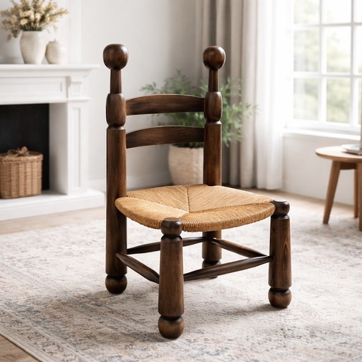 Chaise Basse de Cheminée im Stil von Charles Dudouyt – Bois et Assise Paillée