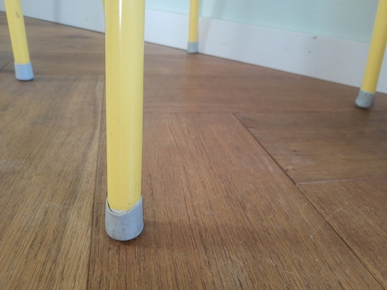 Image 1 of Set of 2 50s-60s tubular frame faux leather stools in white and yellow