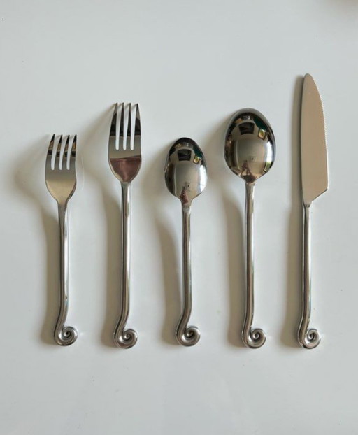 Set of 5 stainless steel flatware - organic swirls/spirals - original vintage dinner service