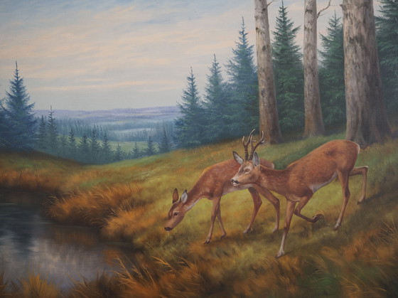 Image 1 of Peinture "Deux cerfs au bord de l'eau", design danois, années 1960, par Wolmer Zier