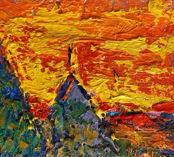 Image 1 of Original Oil Painting Sunset Field Landscape Crimson sunset in the field