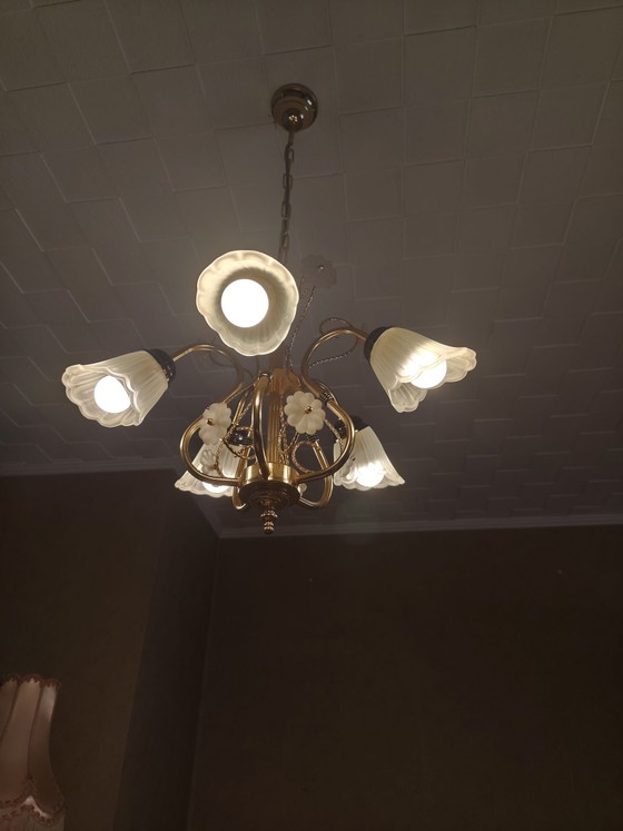 Bellissimo lampadario vintage a 5 bracci – Illuminazione, Vetro, Metallo (photo 7 of 7)