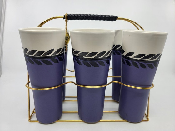 Erdecor Orangeade Basket and Cups, France, 1950, Set of 7, Tableware, Ceramic, Gold, Black (photo 2 of 11)