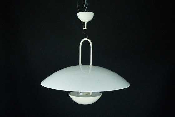 Image 1 of Vintage 1990s White Pendant Lamp with Glass Top Shade. Italy