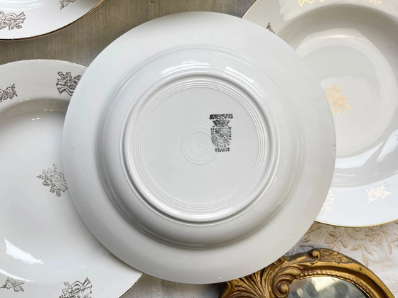 6 Vintage Digoin & Sarreguemines France 1950 Porseleinen Diepe Borden met Kleine Gouden Bloemen – Servies (photo 8 of 14)