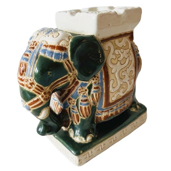 Image 1 of Vintage Oosterse olifant keramiek groen plantenstandaard boho 1970's