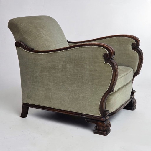 Jaren 50, Deense relax fauteuil, meubelvelours, gesneden eikenhout.
