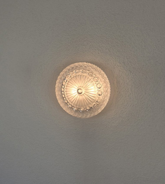 Vintage Pressed Glass Flush Mount Ceiling Light, Mid-Century Style, 2x E27, 29.5 cm, Ceramic, Transparent (photo 5 of 19)