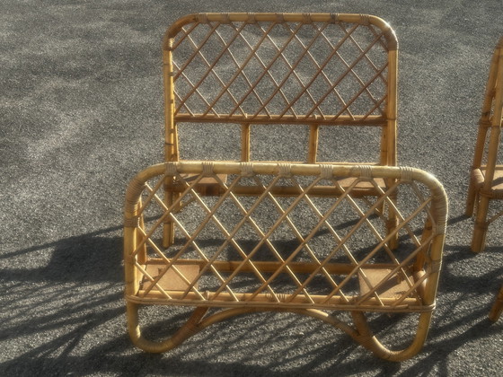 Twee vintage eenpersoonsbedden van rotan, jaren 70. – Fabrication artisanale années 70, Rattan (photo 8 of 15)
