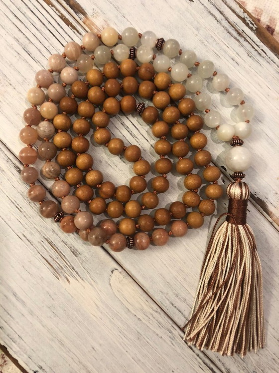 Image 1 of Divine Sandalwood Moonstone Mala, 108 Mala Beads, Buddhist Prayer, Meditation, Femine Energy, Goddess, Awareness Tranquility Div
