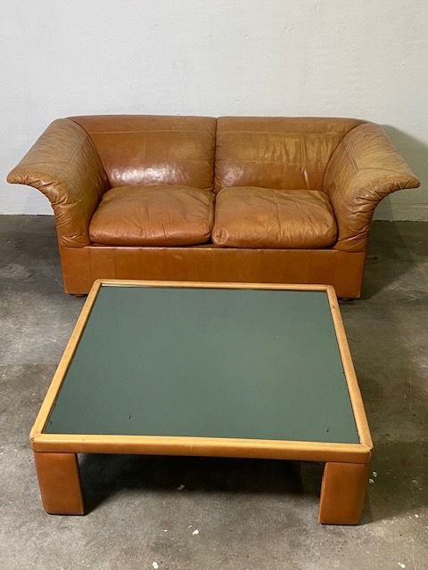Poltrona Frau Luigi Massoni Coffee Table Leather Cognac Glass 70s, Brown (photo 6 of 6)