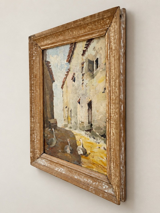 1930 French Double-Sided Oil Painting with Geese and Boat, Rustic Frame, Paintings & Drawings, Other, Wood (photo 4 of 9)