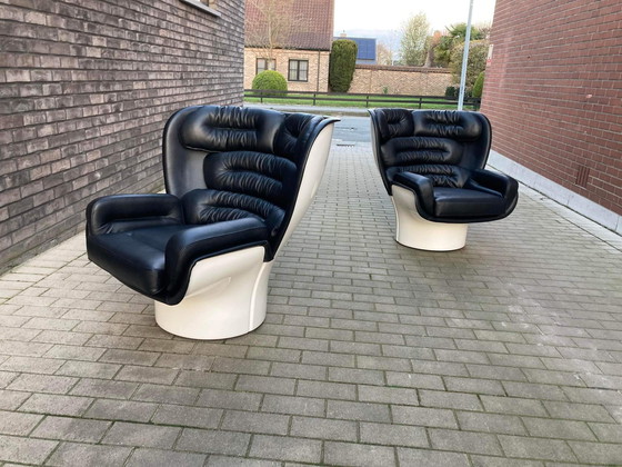 Image 1 of 2 chaises Joe Colombo Elda en cuir noir et fibre de verre blanche