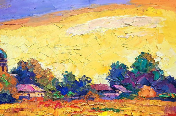Original Oil Painting Rural Landscape Meadow Church Sunset Over The Village – Paintings & Drawings, Canvas (photo 5 of 7)