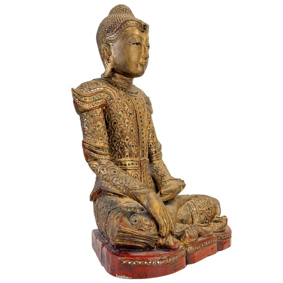 Antique Burmese Jambupati Buddha with glass mosaic, c. 1900 – Sculpture, Wood, Gold (photo 3 of 11)
