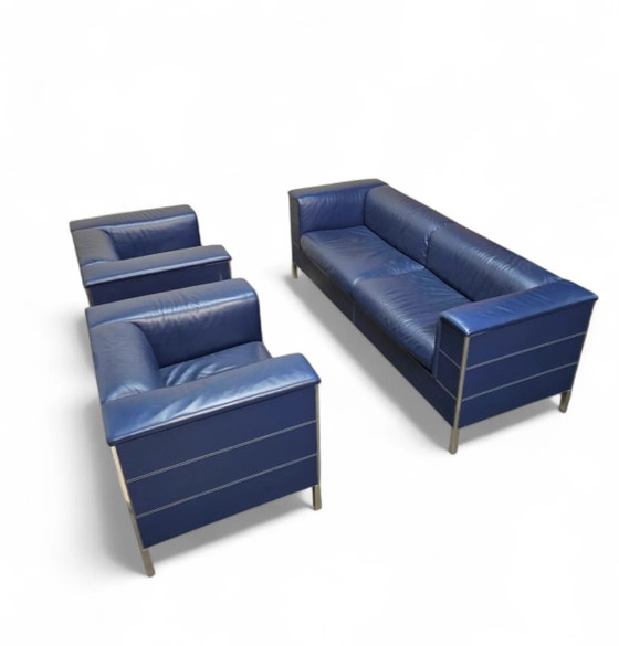Poltrona Frau set / donkerblauw leer / Talus / bank - stoelen / 3-zits / 2 x loungestoelen – Loungesets (photo 8 of 14)
