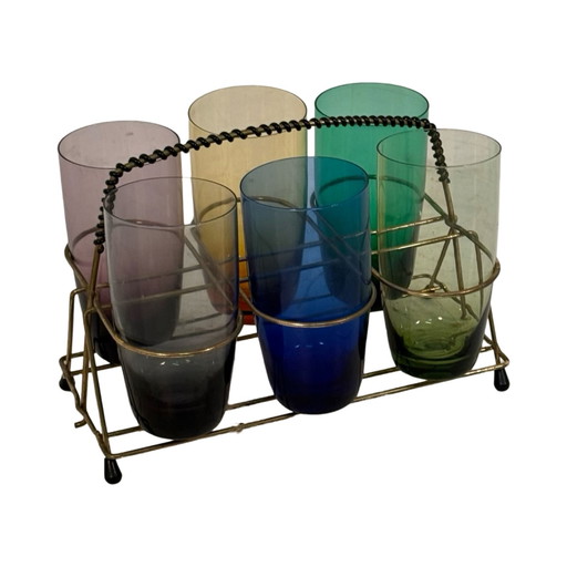 Ca. 1950’S - Germany - Mcm Bar Set - Six Low Glasses, 4 Long Stem Shot (Schnapps) Glasses And A Teak Serving Tray - Multi Colore