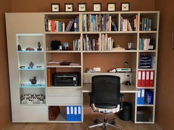 Image 1 of Hulstra Workplace/Bookcase And Desk Chair, Silk Gray Matte Fitted With Drawers, Desk Shelf, Display Cabinet And Lighting