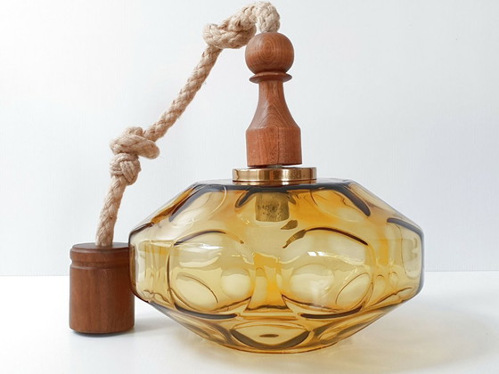 Image 1 of Vintage 1960s Rope, Gold Glass & Teak Pendant Light