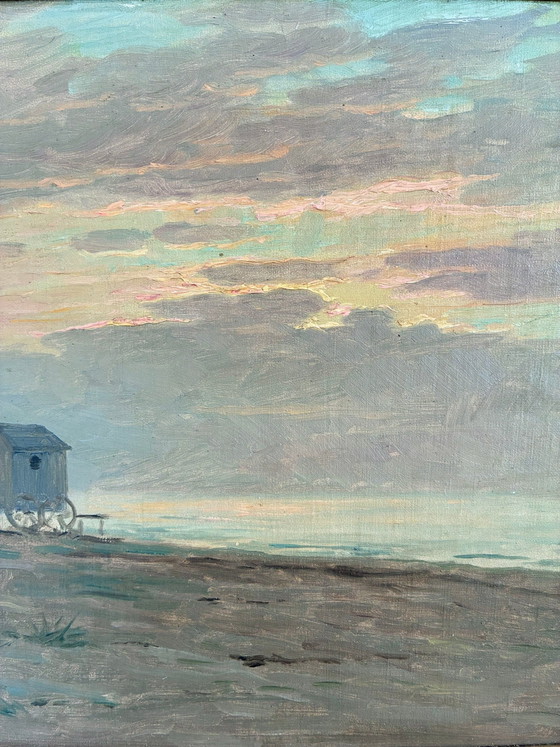 Image 1 of Peinture à l'huile originale vintage représentant une marine, signée, art de plage