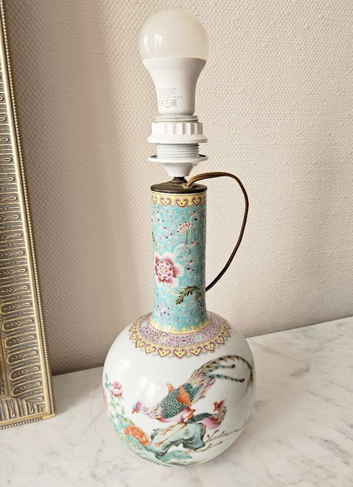 Large Chinese Porcelain Vase Lamp with Phoenix and Peony Decoration, Qianlong Style Calligraphy, H36cm, Excellent Condition