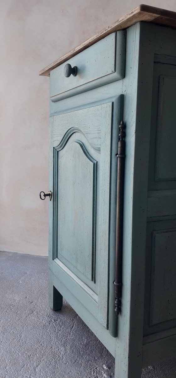 Image 1 of Antique jam cupboard with a sage green patina and solid wood finish