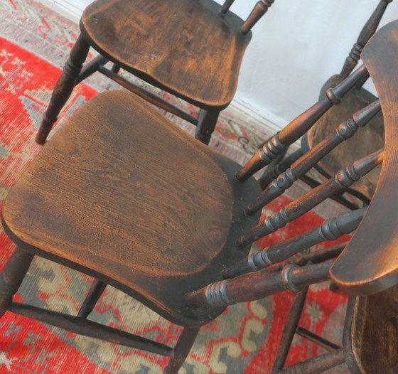 Image 1 of Antieke set van 4 gepatineerde eikenhouten eetkamerstoelen in boerderijstijl, 19e eeuw