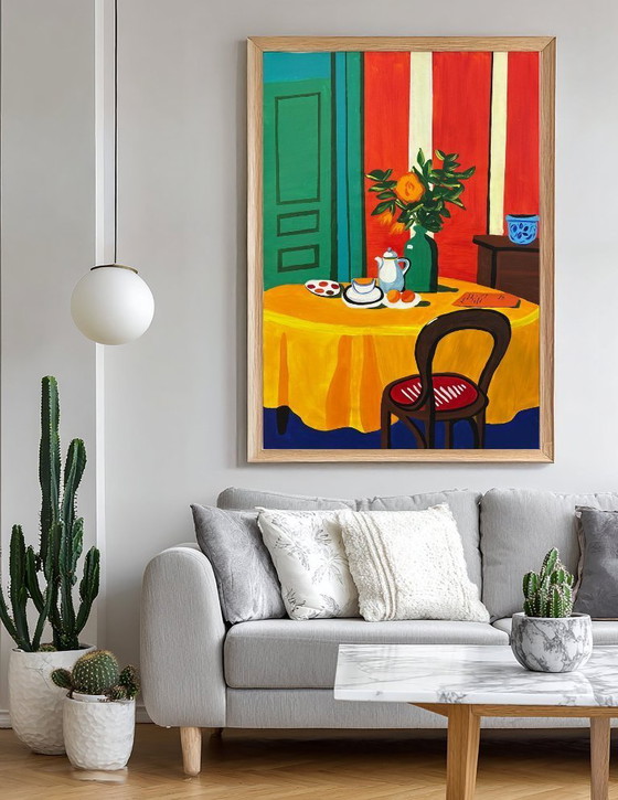 Image 1 of Pintura acrílica del artista E. García "El mantel amarillo" 100x70 cm