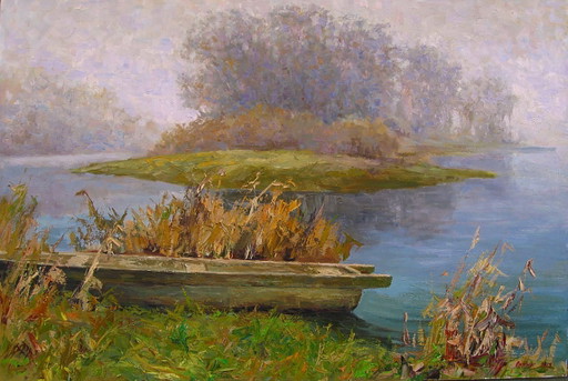 Peinture à l'Huile Originale Paysage Nature Bateau Rivière Brouillard Matinal