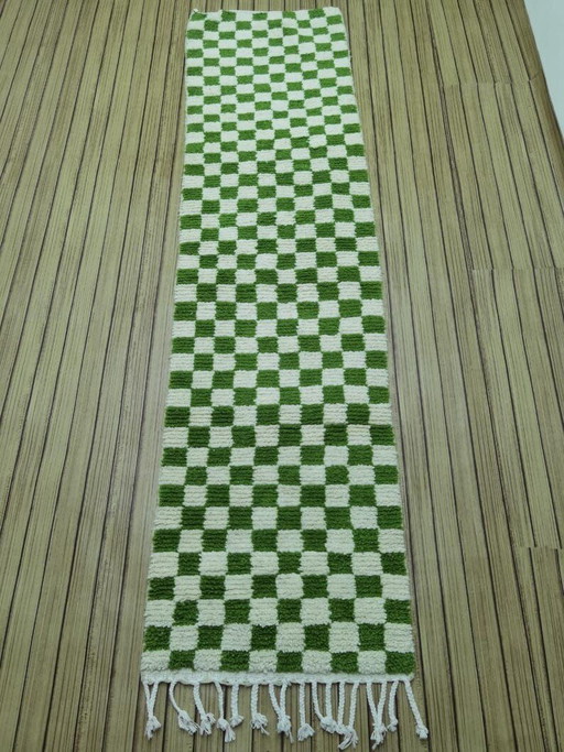 Handwoven Moroccan wool rug, 300/70cm, olive green checkerboard pattern