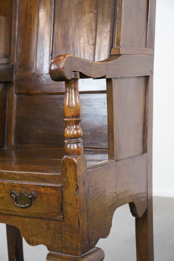Image 1 of Antique English hooded lambing chair from the 18th century with a hood shape and a drawer