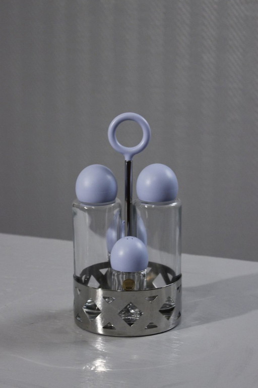 Service à condiments vintage Alessi inox & cristal huilier vinaigrier 1990s