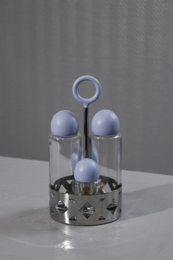 Image 1 of Service à condiments vintage Alessi inox & cristal huilier vinaigrier 1990s