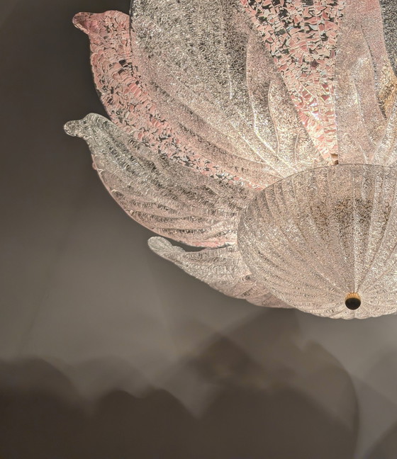 Image 1 of Grote Murano Plafondlamp van roze en wit glas, Italië, jaren 1970