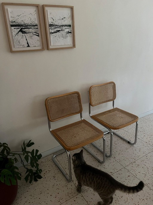 Juego de 2 sillas vintage con estructura de cincha (la cincha necesita reparación). – eetkamerstoelen, Chrome, Wood