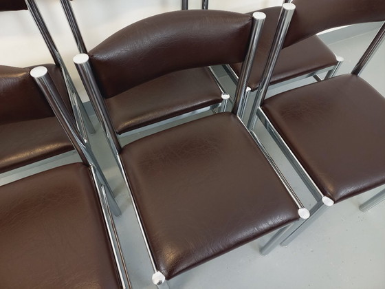 Image 1 of Set di 6 sedie vintage anni '70 in metallo cromato e similpelle marrone