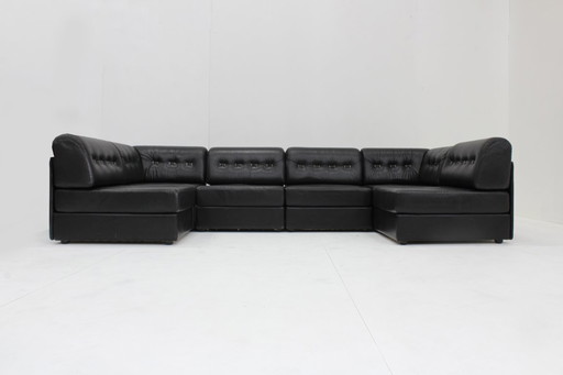 Vintage modular corner sofa black leather 1970s