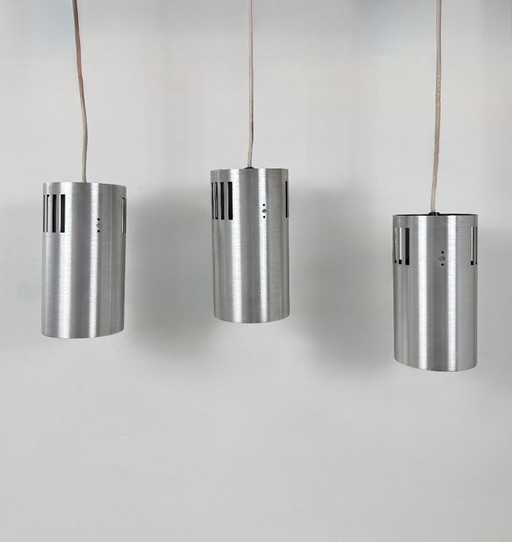 Set of 3 vintage brushed metal pendant lights, France, 1970