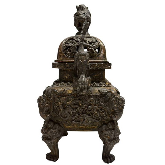 Antiguo Quemador de Incienso Chino Fangding de Bronce con Pedestal – Set de 3 Piezas – Dinastía Qing Tardía (photo 4 of 11)