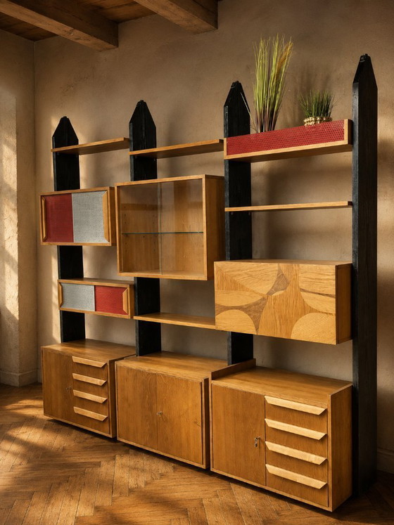 Image 1 of Vintage Czechoslovak Modular Wall Unit with Veneer Cabinets and Black Wooden Supports, 1960s–1970s