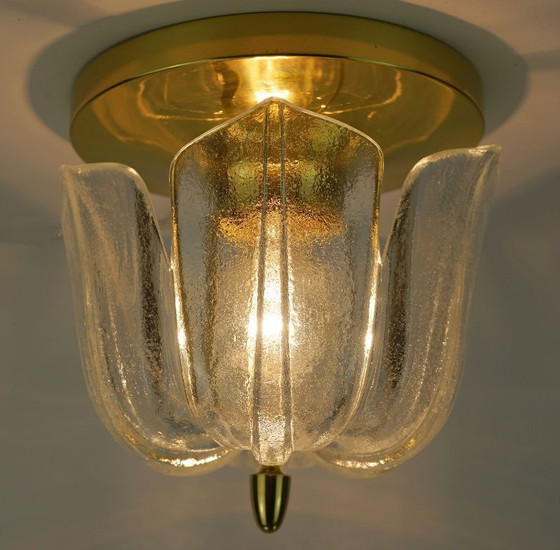 Image 1 of glashuette limburg CEILING LIGHT flush mount model A475 3031 flower-shaped glass shade and brass 1970s
