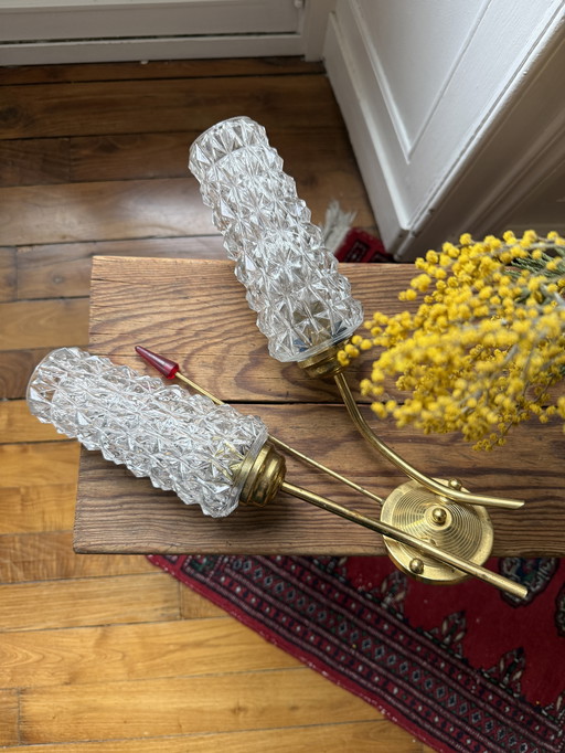 Applique murale tulipe années 60 en laiton et verre