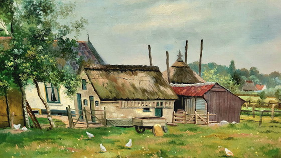 Image 1 of Antique painting - A farmhouse in Soest with chickens running loose by H.Koekoek
