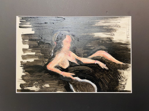 Signed and framed painting pastel and Indian ink portrait woman "diamond".