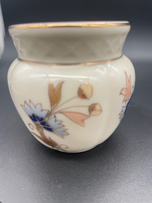 Vase en Porcelaine Zsolnay Pécs – Peint à la Main – Décor Floral Bleu avec Or – Vintage Hongrie