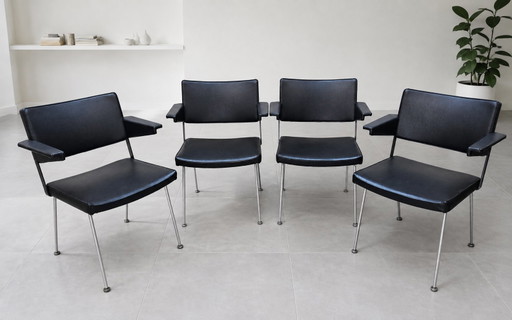 Vintage (60er Jahre) Gispen CordeMeyer 1265 Stühle, schwarzes Kunstleder (4x), Esszimmerstühle / Bürostühle – eetkamerstoelen