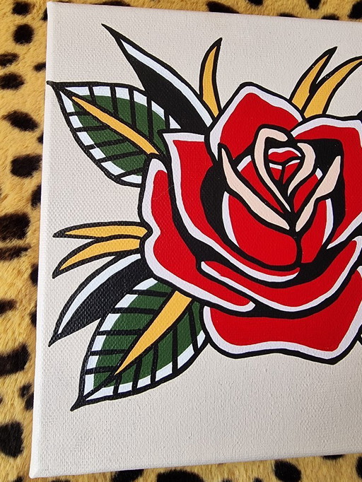 Contemporary art Hand-painted painting 20x20 traditional tattoo style rose