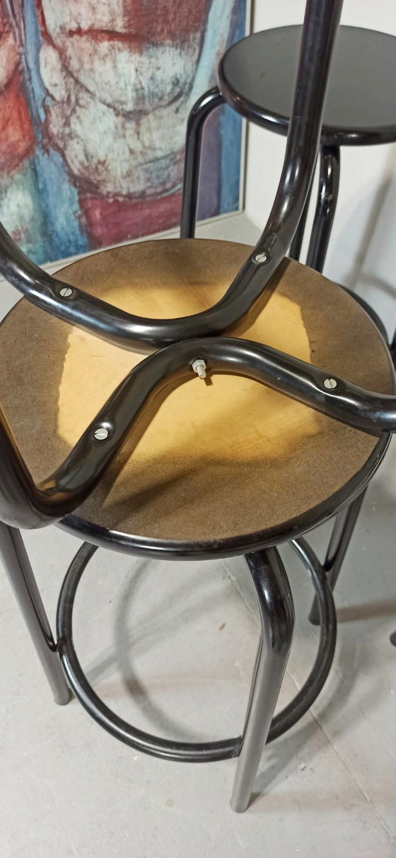 Image 1 of 5 x vintage black round bar stools 