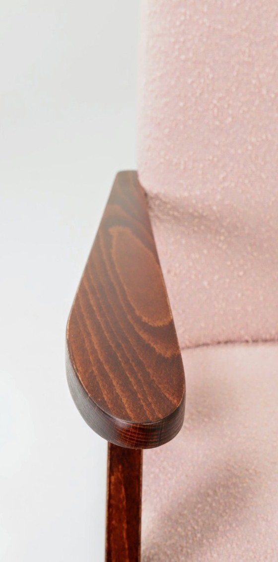 Image 1 of Mid Century Armchair Peony Color Boucle Scandinavian Design Wooden Lounge Chair